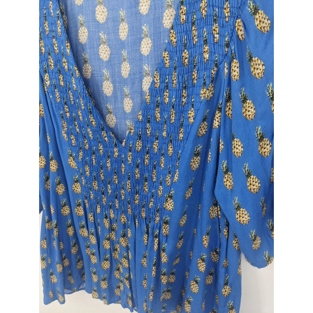 Zara Shirt Womens Large Blue‎ Pineapple Print Smocked Boho Flowy V Neck Top - Picture 2 of 9